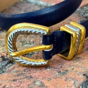 Linea Pelle Navy Leather Belt Size L Gold Rope Buckle Equestrian Style